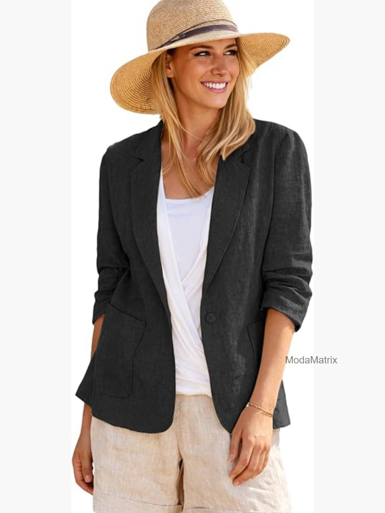 Linen Blend Blazer With 3/4 Ruched Sleeve - Lightweight Business Casual
